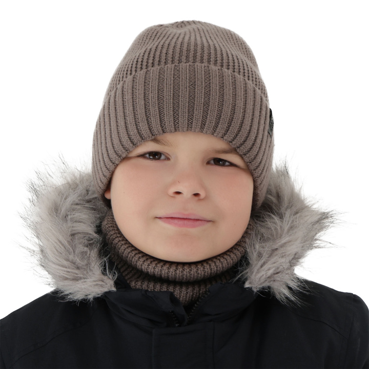 Kisfiú téli sapka és nyakmelegítő szett, 100% merinó gyapjú, merinó gyapjúval bélelt, barna Harbin