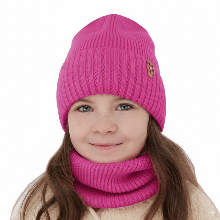 Kalap és kémény lányoknak, téli szett rózsaszín 100% gyapjú extrafine merino Nelita