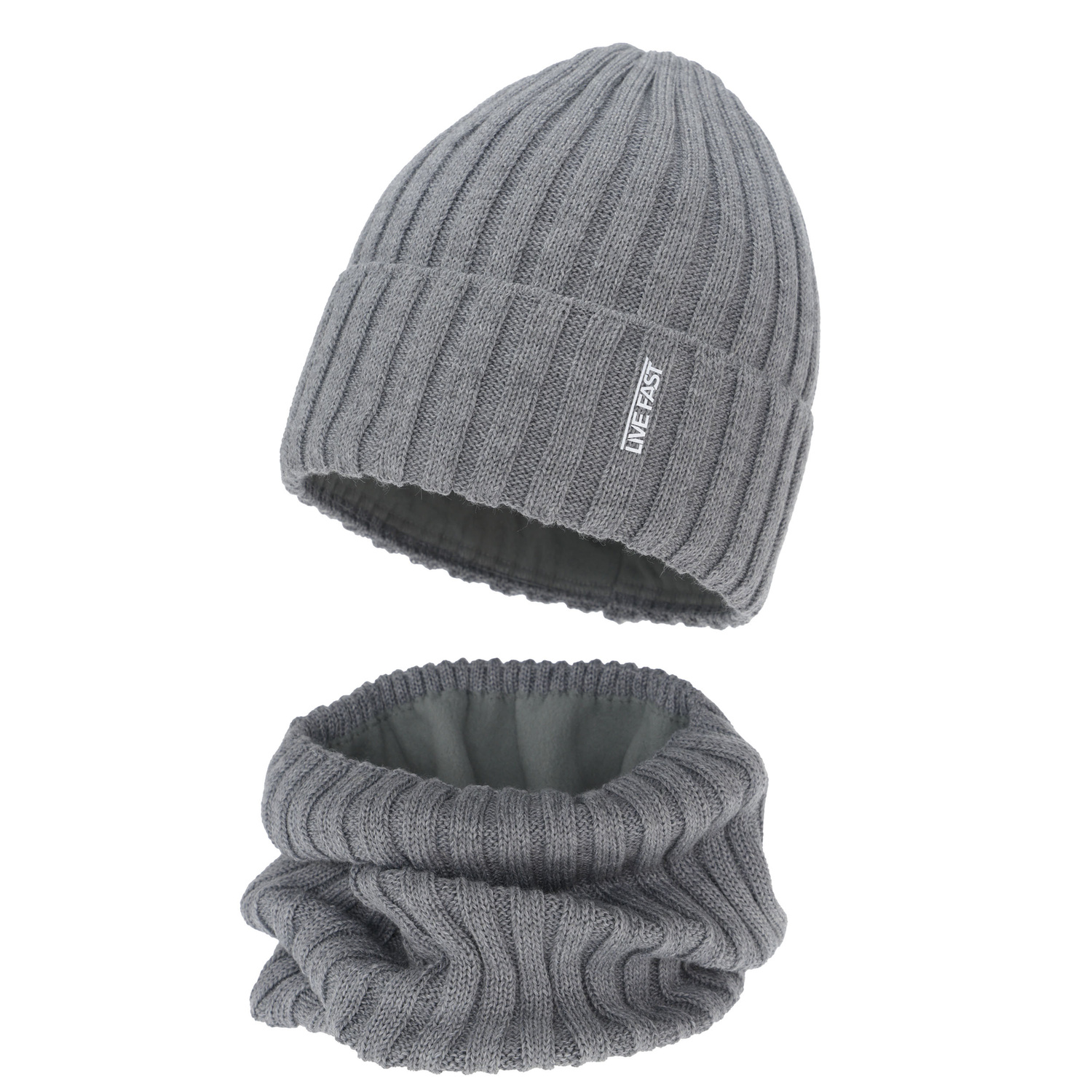 Kisfiú téli sapka és nyakmelegítő szett, bézs, merinó gyapjúval, polárral bélelt, Banasko