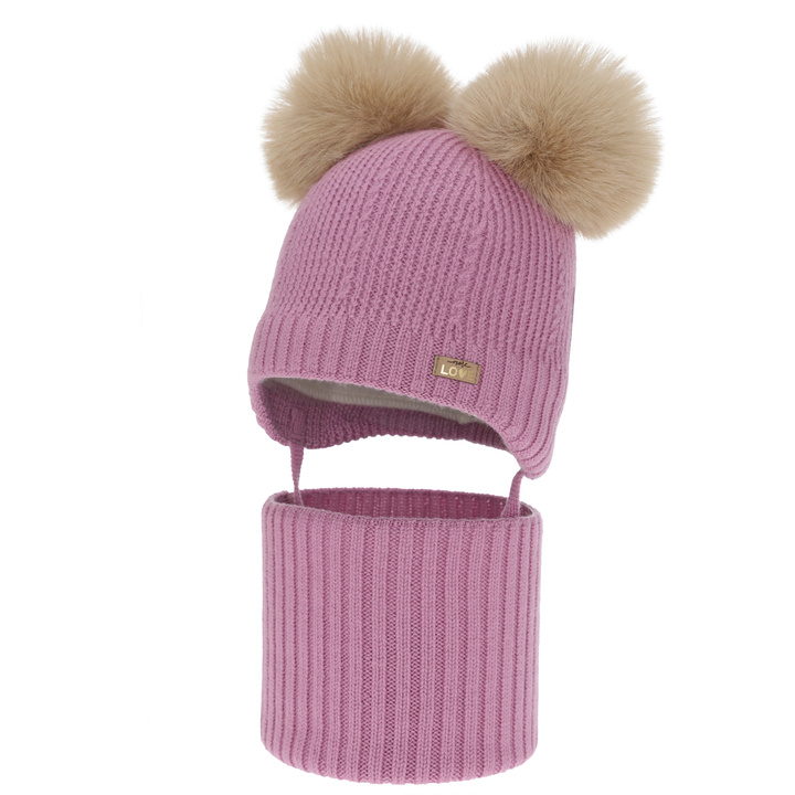 Kislány sapka és sál, téli szett, lila, 100% merinó gyapjú, gyapjú polárral bélelt, Lumia
