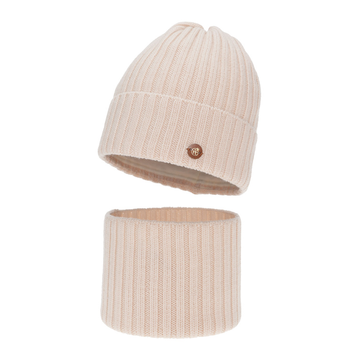 Kislány téli sapka és nyakmelegítő szett, világosrózsaszín, 100% merinó gyapjú, pamuttal bélelt, Vanira