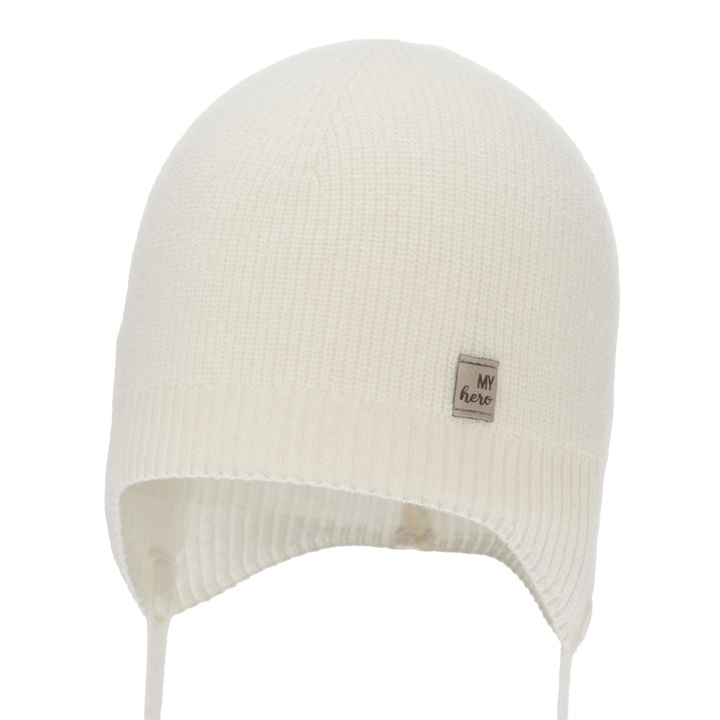 Kisfiú őszi-tavasz sapka, krémszínű, merinó gyapjú kaszmirrrel, megkötős, Tono