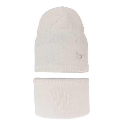 Őszi/tavaszi készlet lányoknak: sapka és nyakmelegítő, pamuttal, krémszínű Amarilla