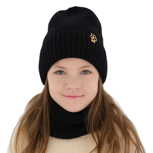 Kalap és kémény lányoknak, téli szett fekete 100% gyapjú extrafine merino Nelita