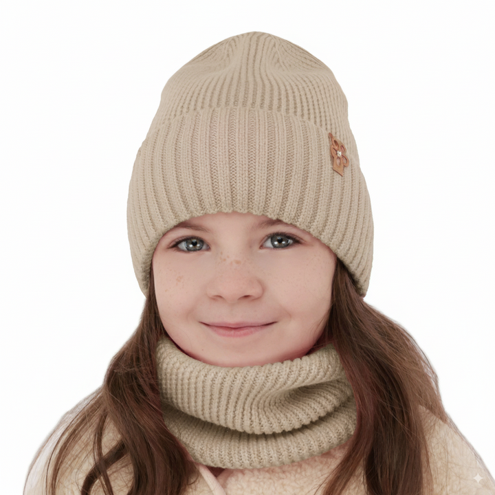 Kalap és kémény lányoknak, téli szett bézs 100% gyapjú extrafine merino Nelita
