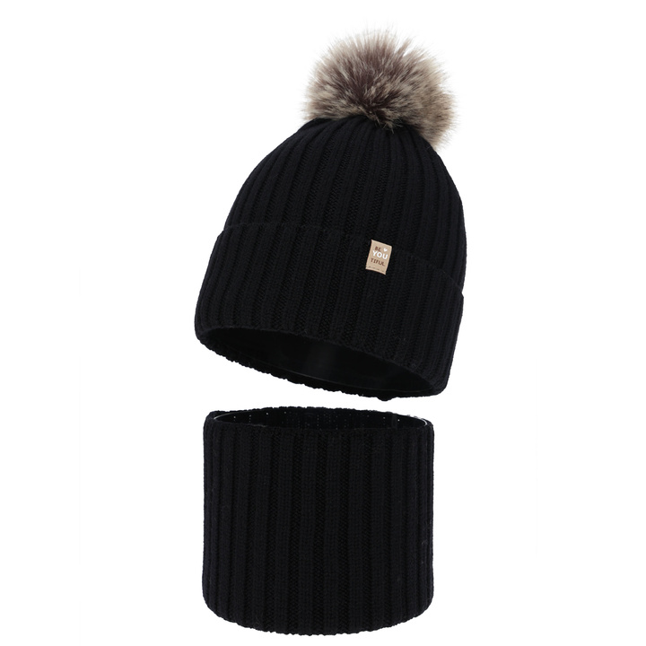 Kislány téli sapka és nyakmelegítő szett, 100% merinó gyapjú, pamuttal bélelt, pomponnal, fekete, Terida