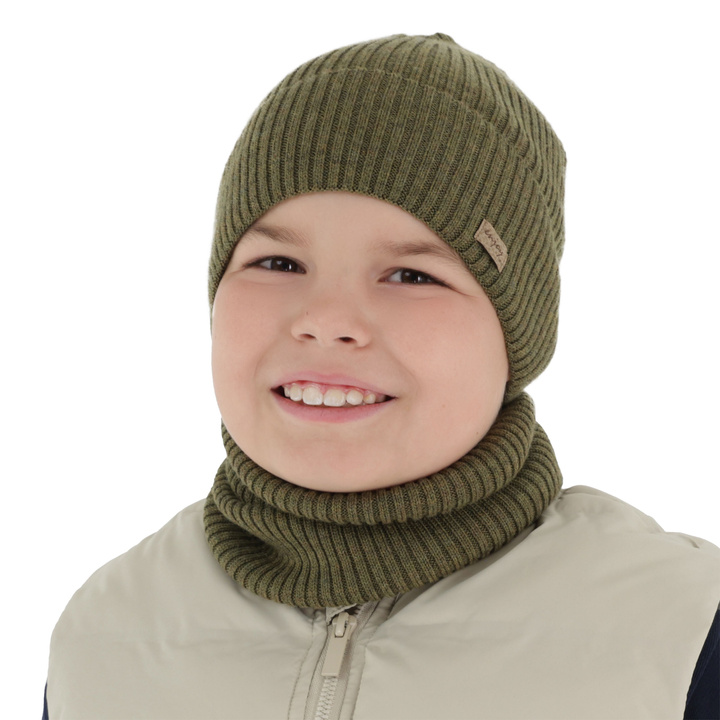 Fiú sapka és kémény, őszi/tavaszi khaki szett 100% gyapjú extrafine merinó Intro