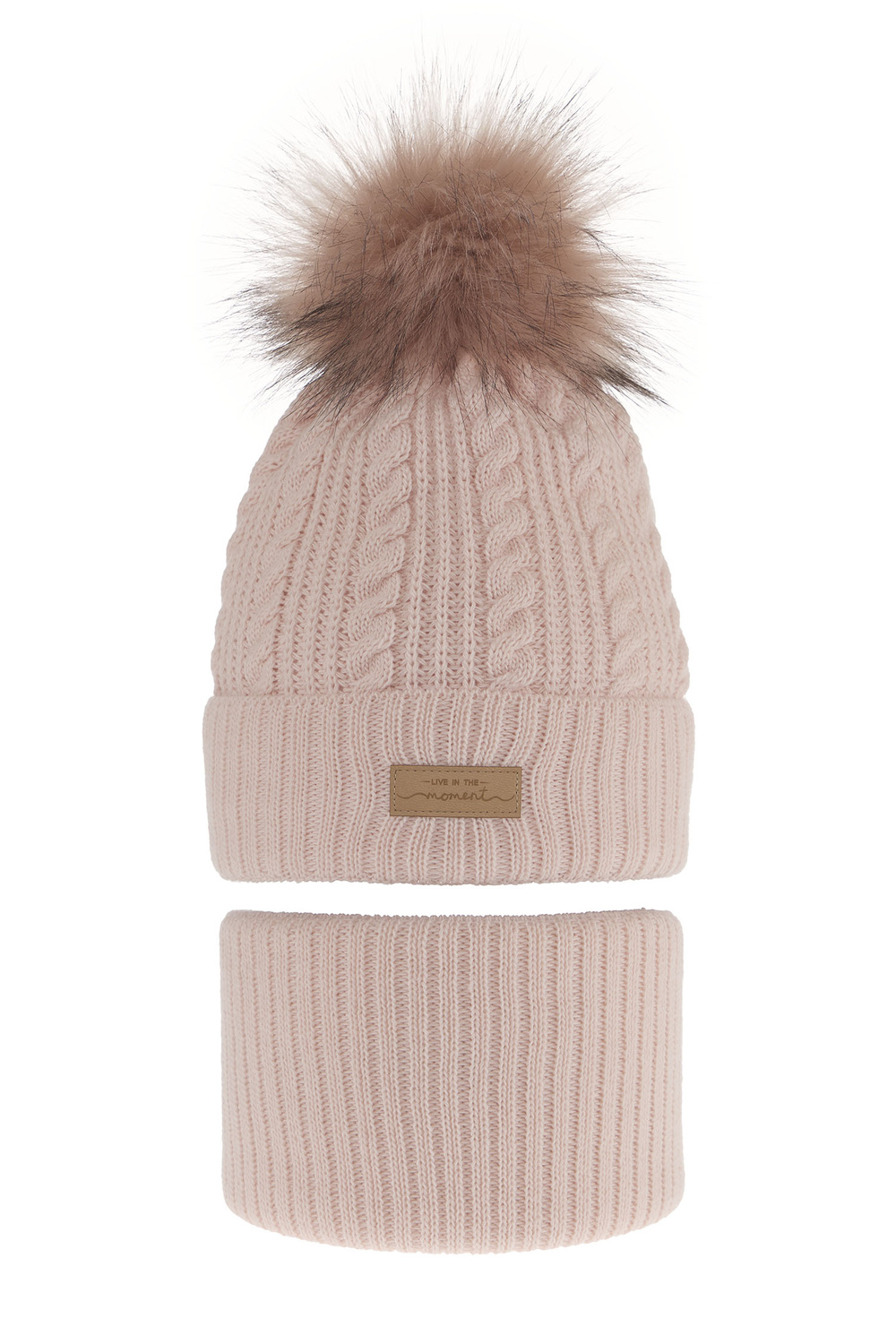 Lányoknak szánt téli/őszi készlet: sapka pomponnal és sál rózsaszín Alika