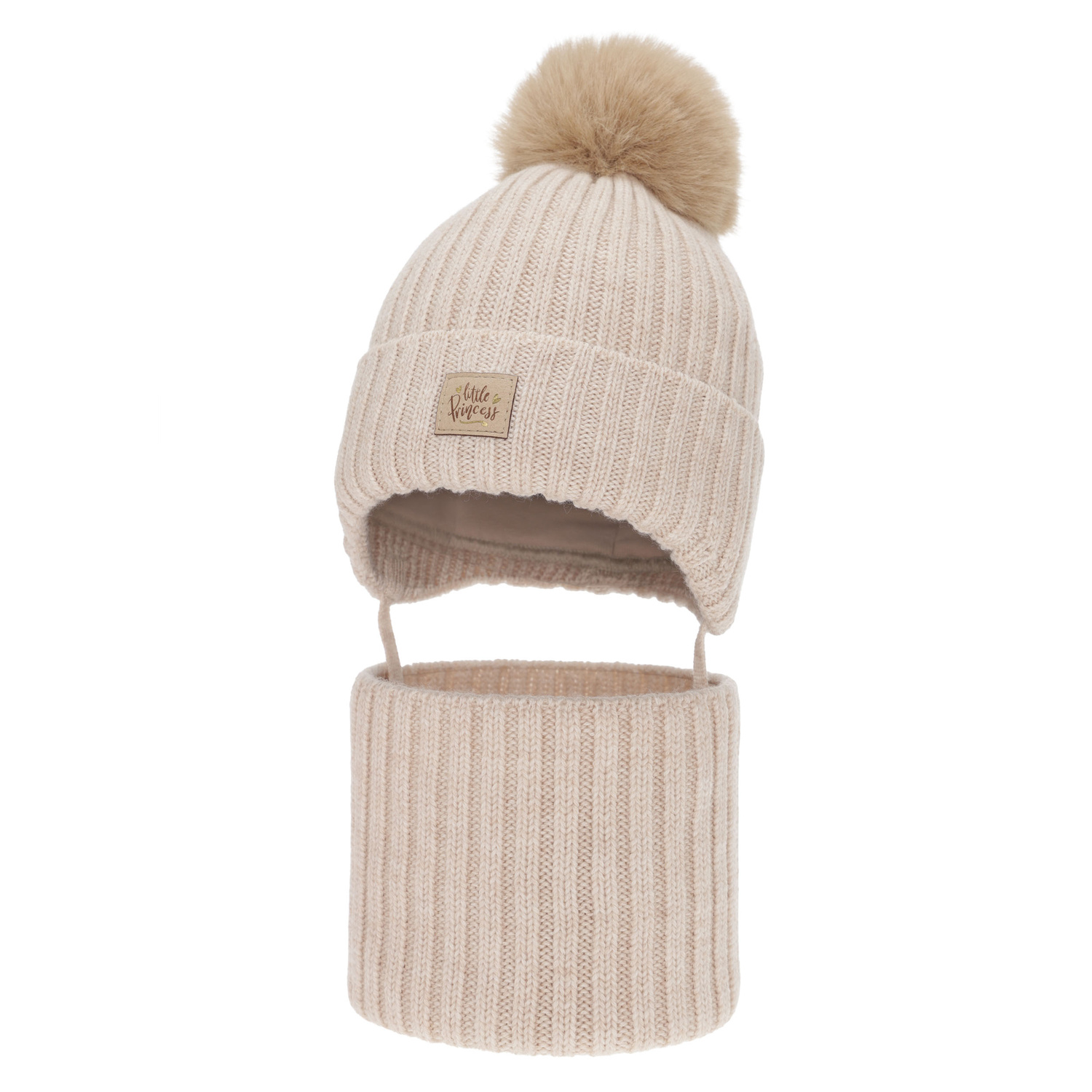 Kislány téli sapka és nyakmelegítő szett, bézs, 100% merinó gyapjú, megkötős, pamuttal bélelt, Malesia