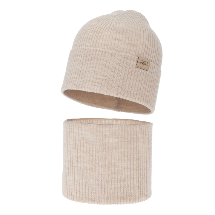 Kislány tavaszi-őszi sapka és nyakmelegítő szett, krémszínű, 100% merinó gyapjú, Magenta