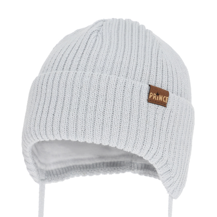 Kisfiú téli sapka, megkötős, merinó gyapjúval, világosszürke, Puser