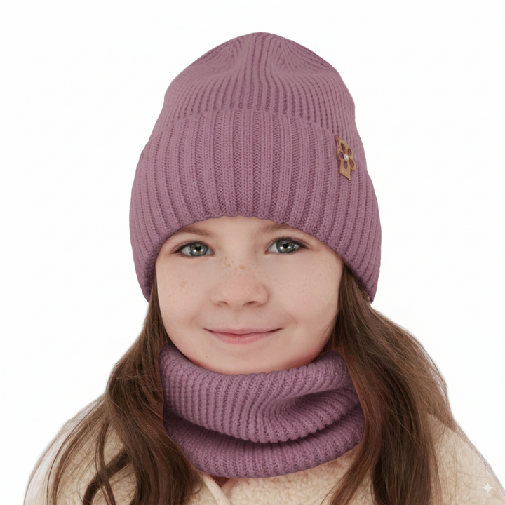 Kalap és kémény lányoknak, téli szett lila 100% gyapjú extrafine merino Nelita