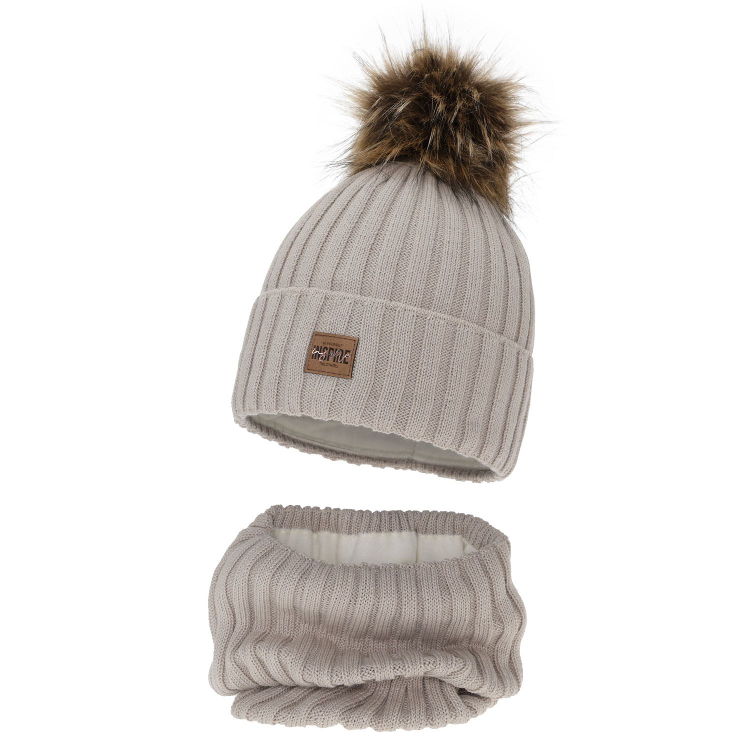 Kislány téli sapka és nyakmelegítő szett, bézs, polár béléssel, merinó gyapjúval, Bellina