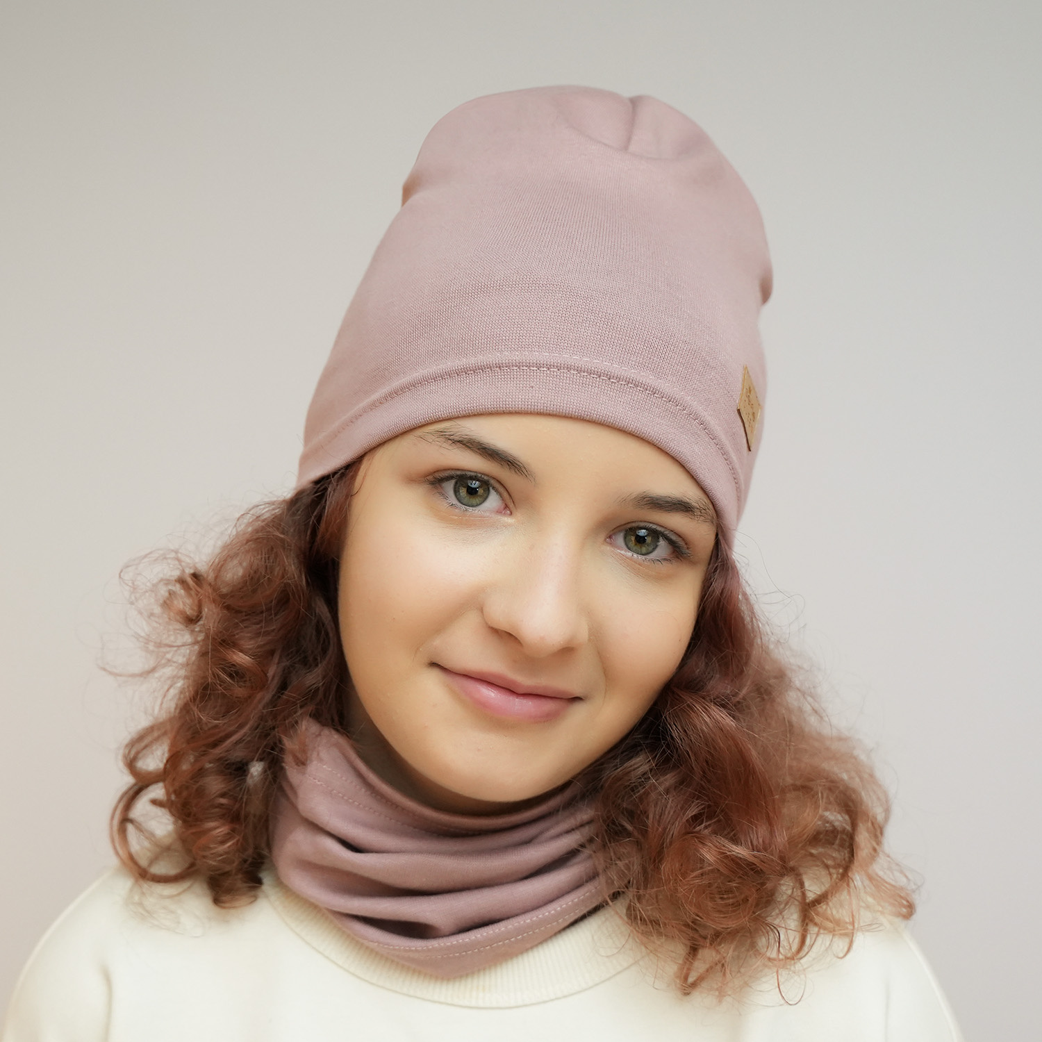 Őszi/tavaszi szett kislányoknak: rózsaszín pamut sapka és csősál Selfie