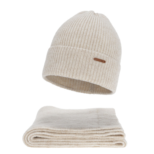 Női sapka és sál szett, téli, világosbézs, merinó gyapjúval, Seala