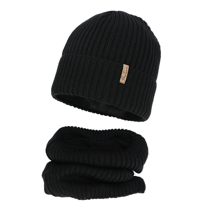 Kislány téli sapka és nyakmelegítő szett, fekete, polár béléssel, merinó gyapjúval, Odette