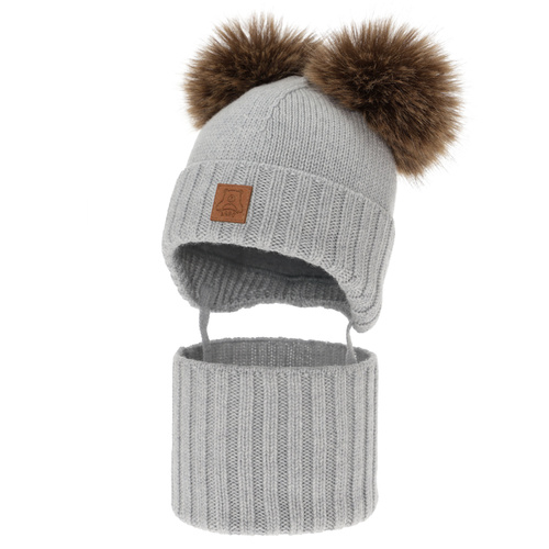 Kisfiú sapka és sál, téli szett, szürke, 100% merinó gyapjú, gyapjú polárral bélelt, Ronik