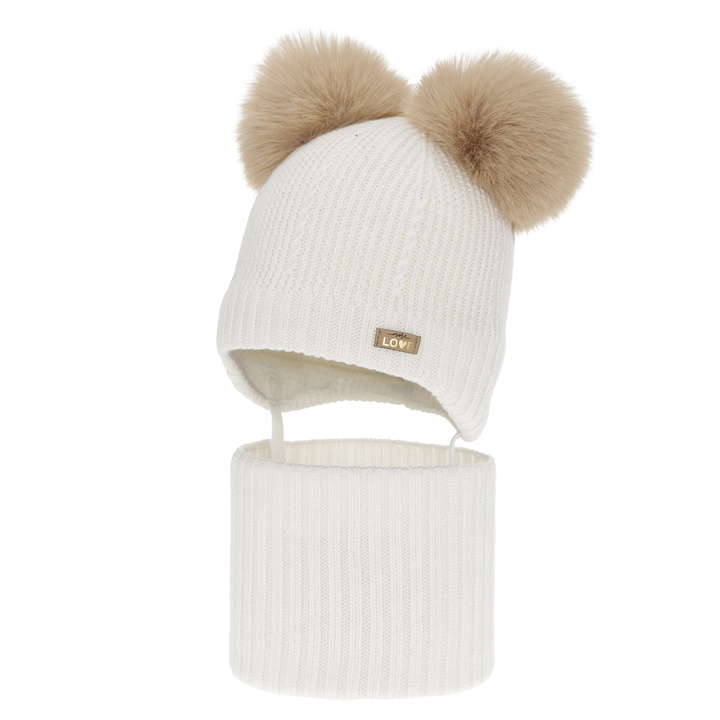 Kislány sapka és sál, téli szett, fehér, 100% merinó gyapjú, gyapjú polárral bélelt, Lumia