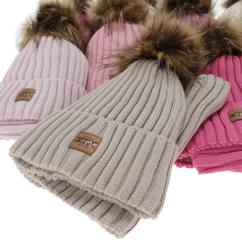 Kislány téli sapka és nyakmelegítő szett, bézs, polár béléssel, merinó gyapjúval, Bellina