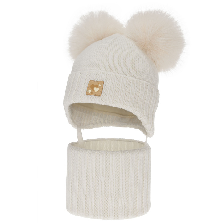 Kislány sapka és sál, téli szett, fehér, 100% merinó gyapjú, gyapjú polárral bélelt, Ronia