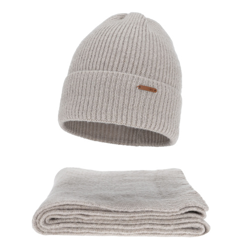 Női téli sapka és sál szett, bézs, merinó gyapjúval, Seala