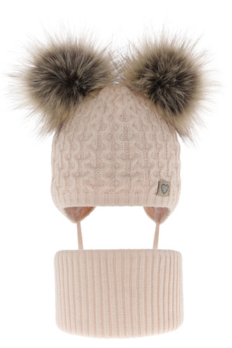 Lány téli szett: sapka két pomponnal és sál világosrózsaszín Poliana