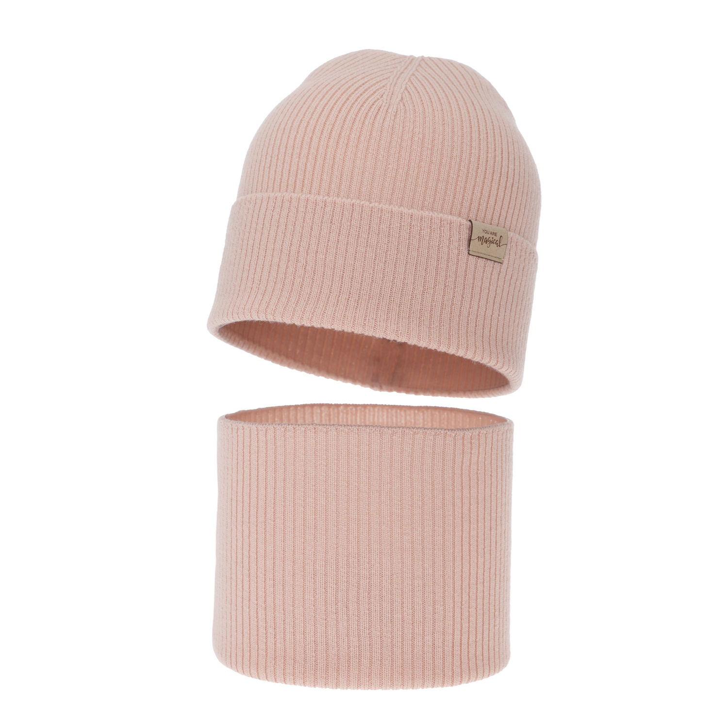 Kislány tavaszi-őszi sapka és nyakmelegítő szett, krémszínű, 100% merinó gyapjú, Magenta