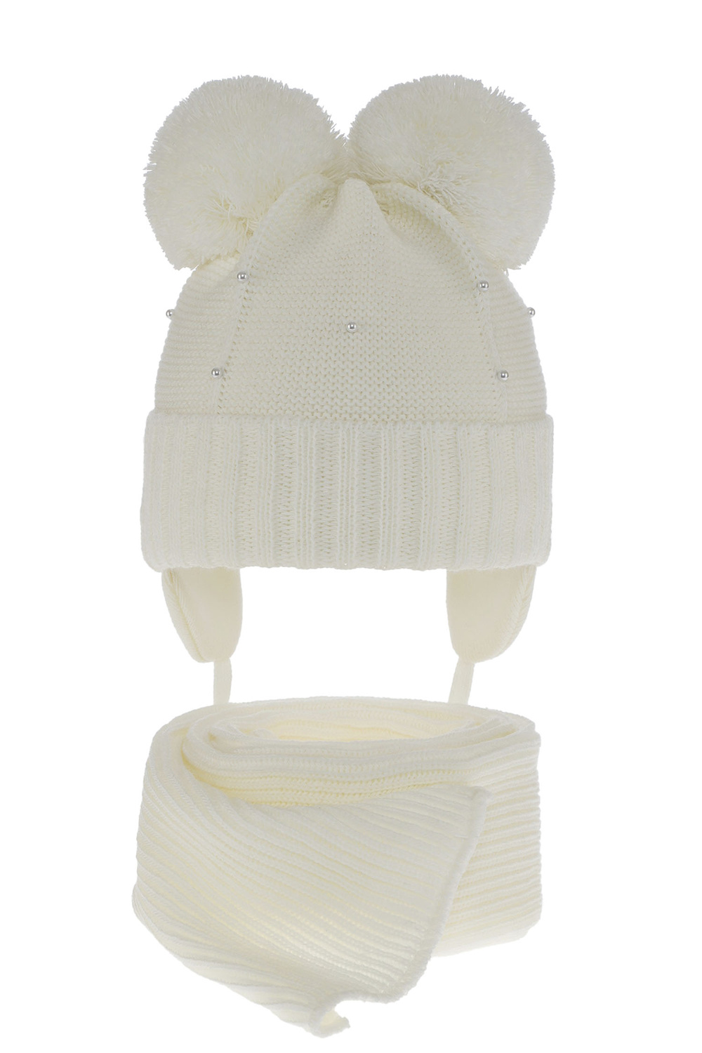 Lány téli szett: két pomponos sapka és krémszínű sál Fibien