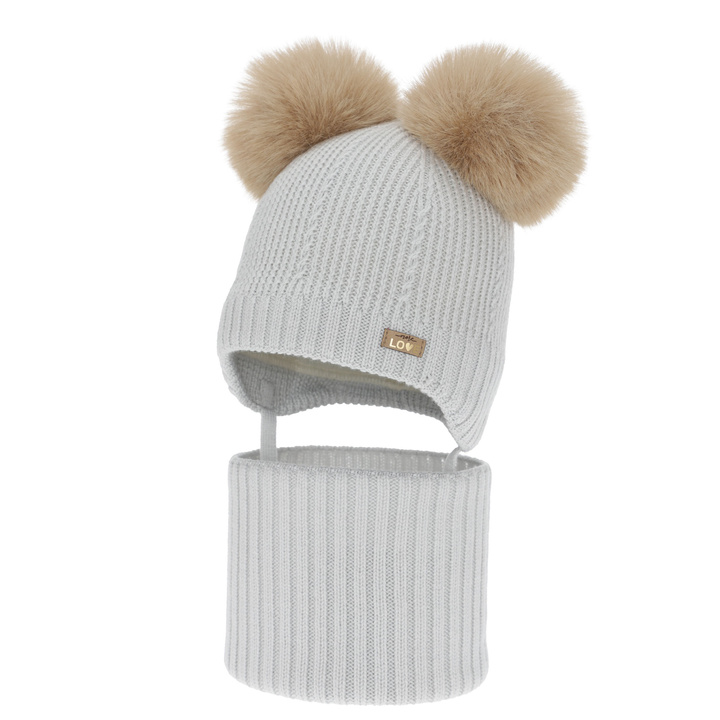 Kislány sapka és sál, téli szett, szürke, 100% merinó gyapjú, gyapjú polárral bélelt, Lumia