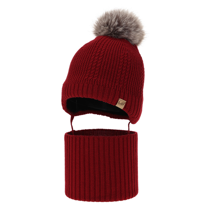 Kisfiú sapka és sál, téli szett, bordó, 100% merinó gyapjú, gyapjú polárral bélelt, kötős Danny