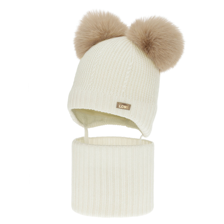 Kislány sapka és sál, téli szett, krém, 100% merinó gyapjú, gyapjú polárral bélelt, Lumia