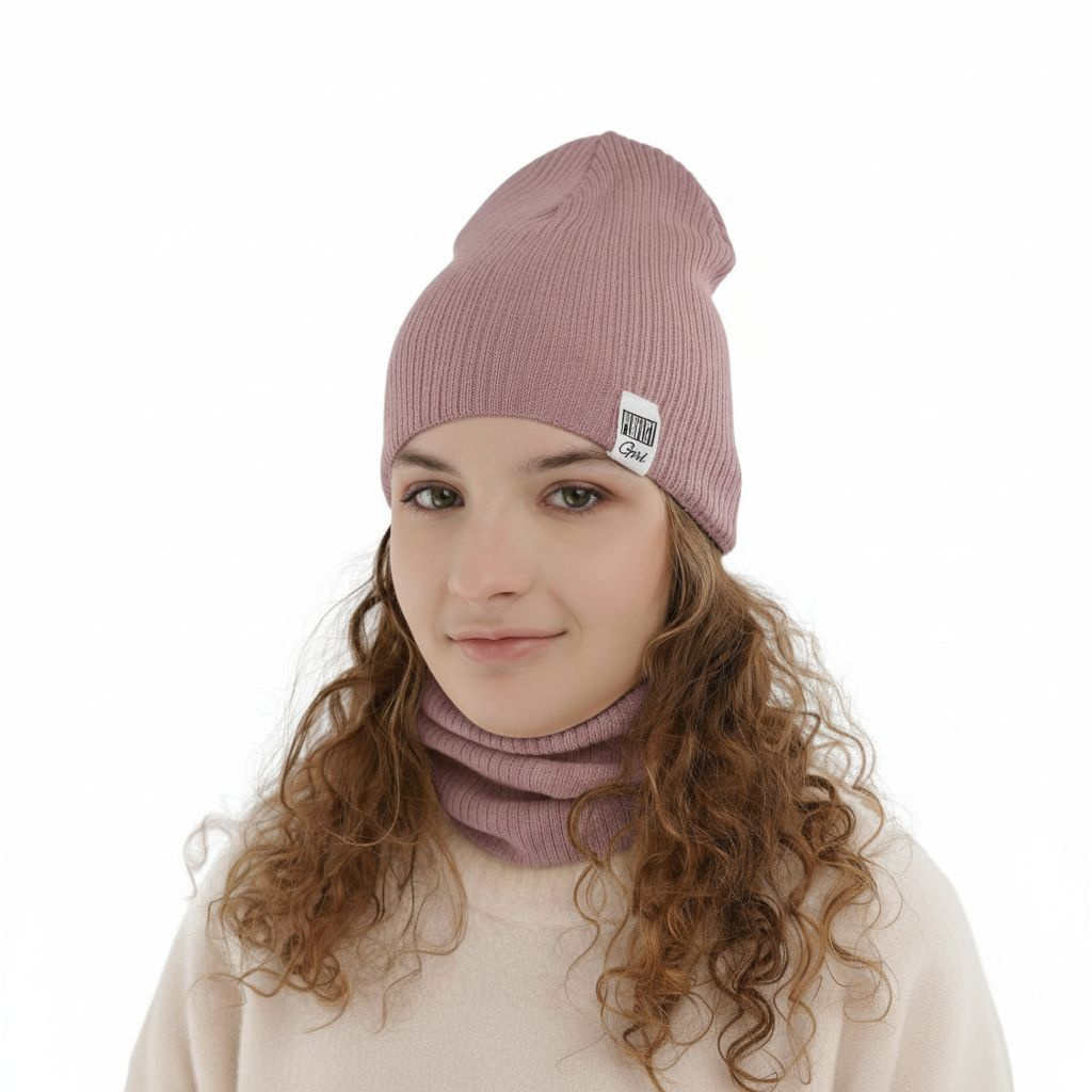 Őszi/tavaszi szett lányoknak: sapka és csősál, pamuttal, lila Farinka