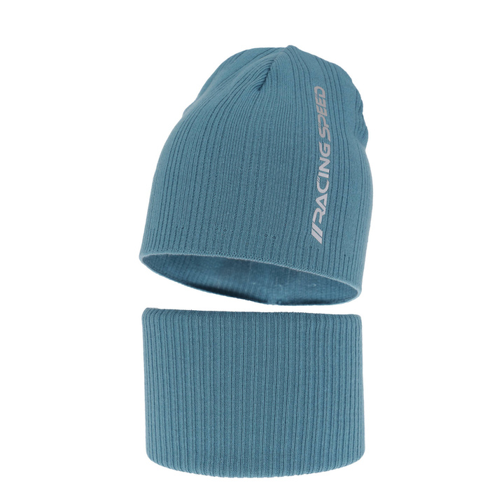 Őszi/tavaszi fiúszett: sapka és sálkendő, pamuttal, Kolorado kék