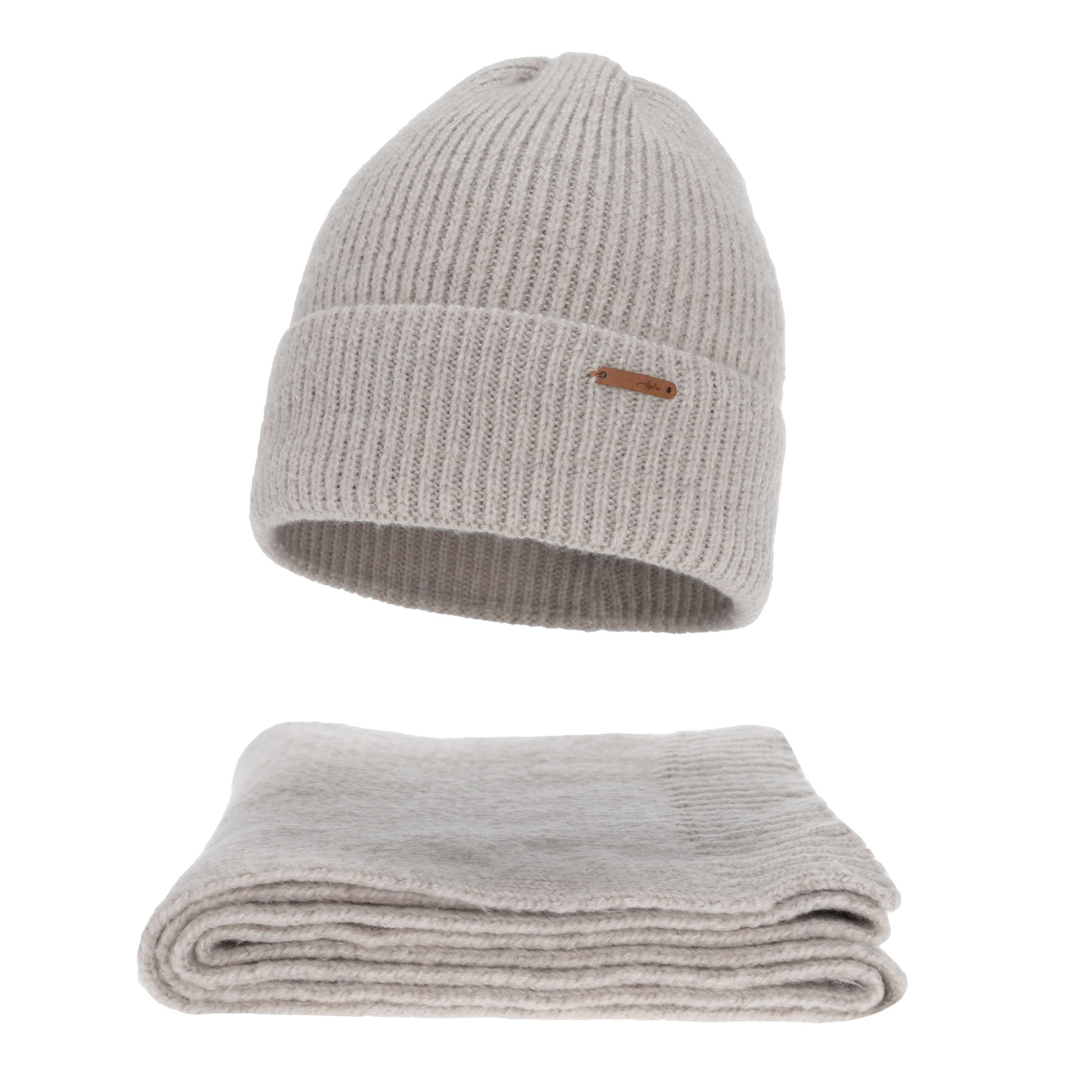 Női téli sapka és sál szett, bézs, merinó gyapjúval, Seala