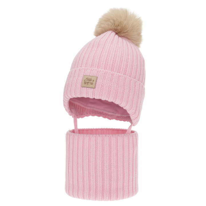 Kislány téli sapka és nyakmelegítő szett, téli, rózsaszín, 100% merinó gyapjú, megkötős, pamuttal bélelt, Malesia