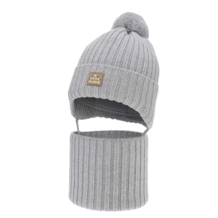 Kisfiú téli sapka és nyakmelegítő szett, szürke, 100% merinó gyapjú, pamuttal bélelt, megkötős, Masil