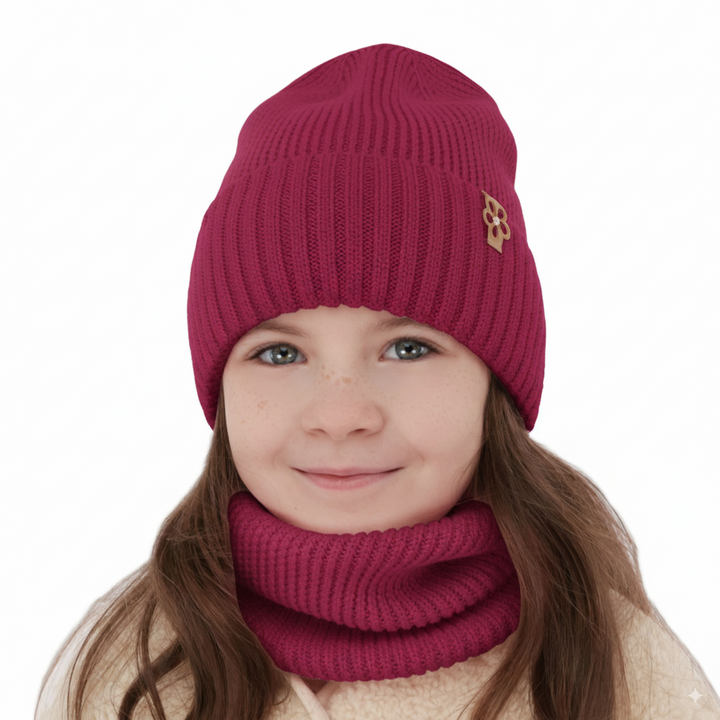 Kalap és kémény lányoknak, téli szett amarant 100% gyapjú extrafine merino Nelita