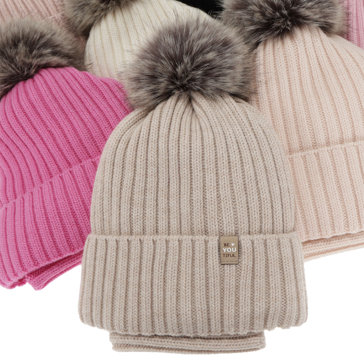 Kislány téli sapka és nyakmelegítő szett, 100% merinó gyapjú, pamuttal bélelt, pomponnal, krémszínű, Terida