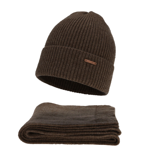 Női téli sapka és sál szett, barna, merinó gyapjúval, Seala