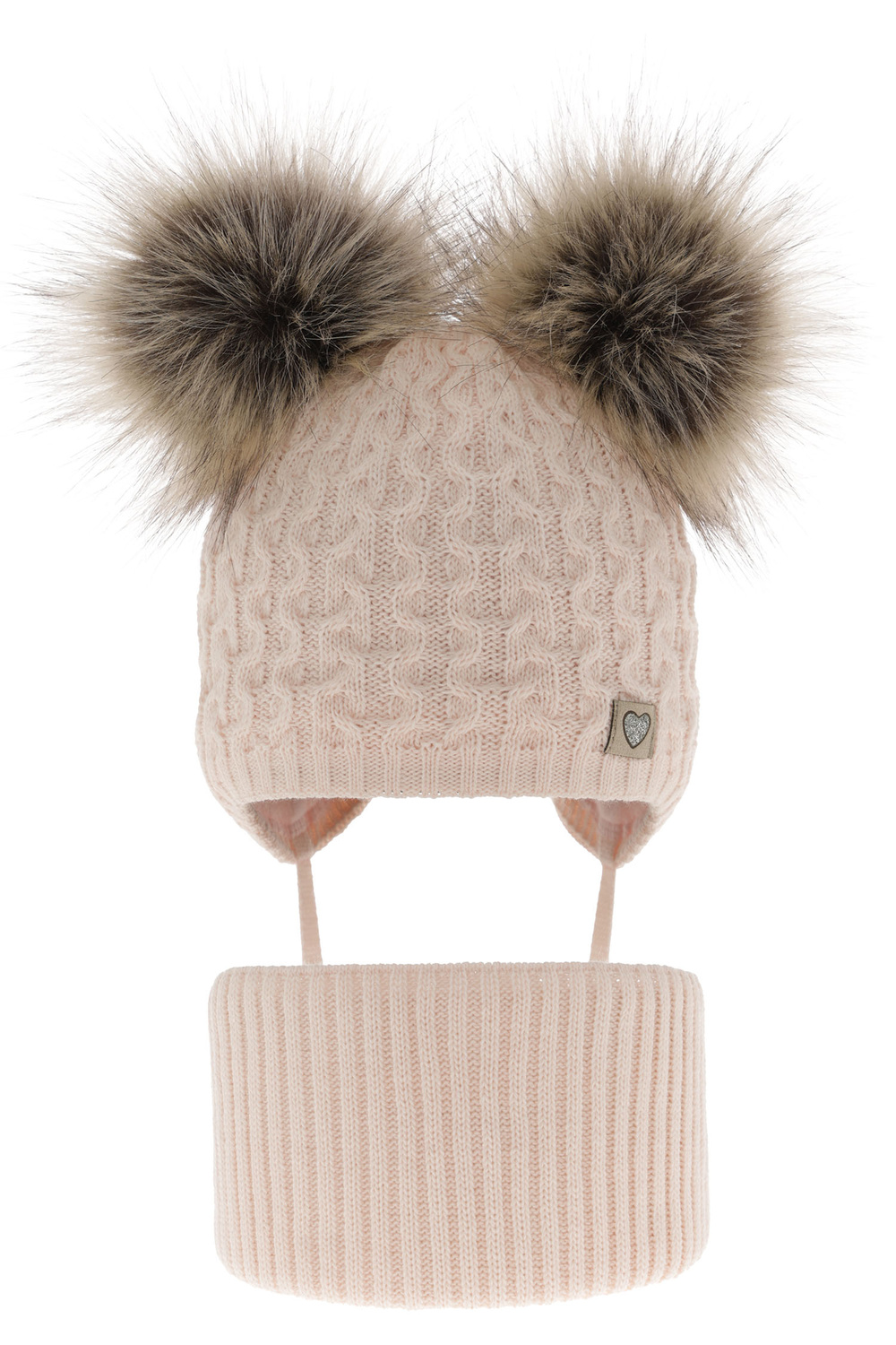 Lány téli szett: sapka két pomponnal és sál világosrózsaszín Poliana