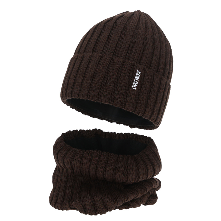 Kisfiú téli sapka és nyakmelegítő szett, barna, merinó gyapjúval, polár béléssel, Banasko