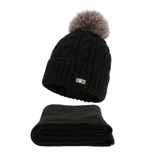 Női téli sapka és sál szett, fekete, Lunetta