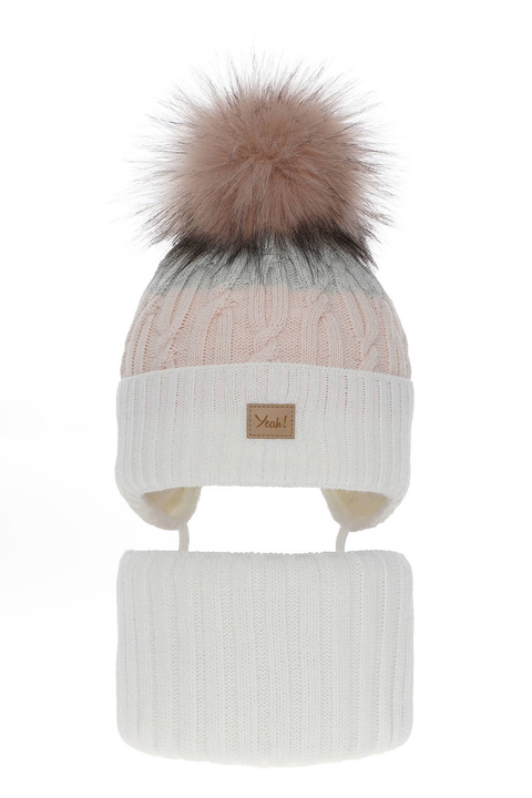 Lány téli szett: sapka és pamut csősál krémszínű bojtokkal Riviera