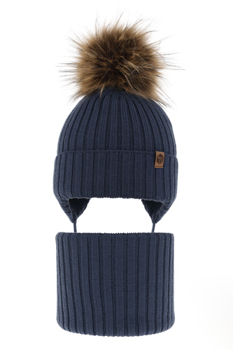 Fiú téli szett: sapka és sál kék 100% extrafinom merinói gyapjú Juno