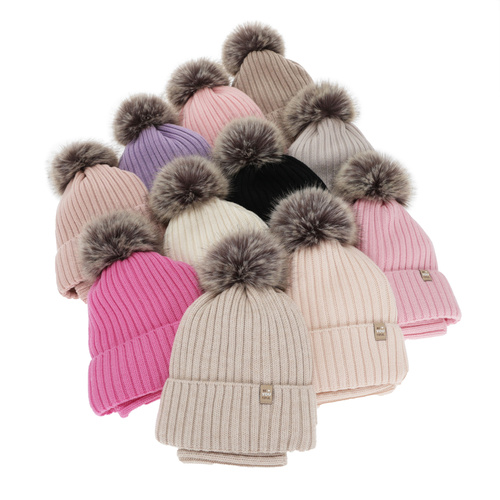 Kislány téli sapka és nyakmelegítő szett, 100% merinó gyapjú, pamuttal bélelt, pomponnal, rózsaszín, Terida