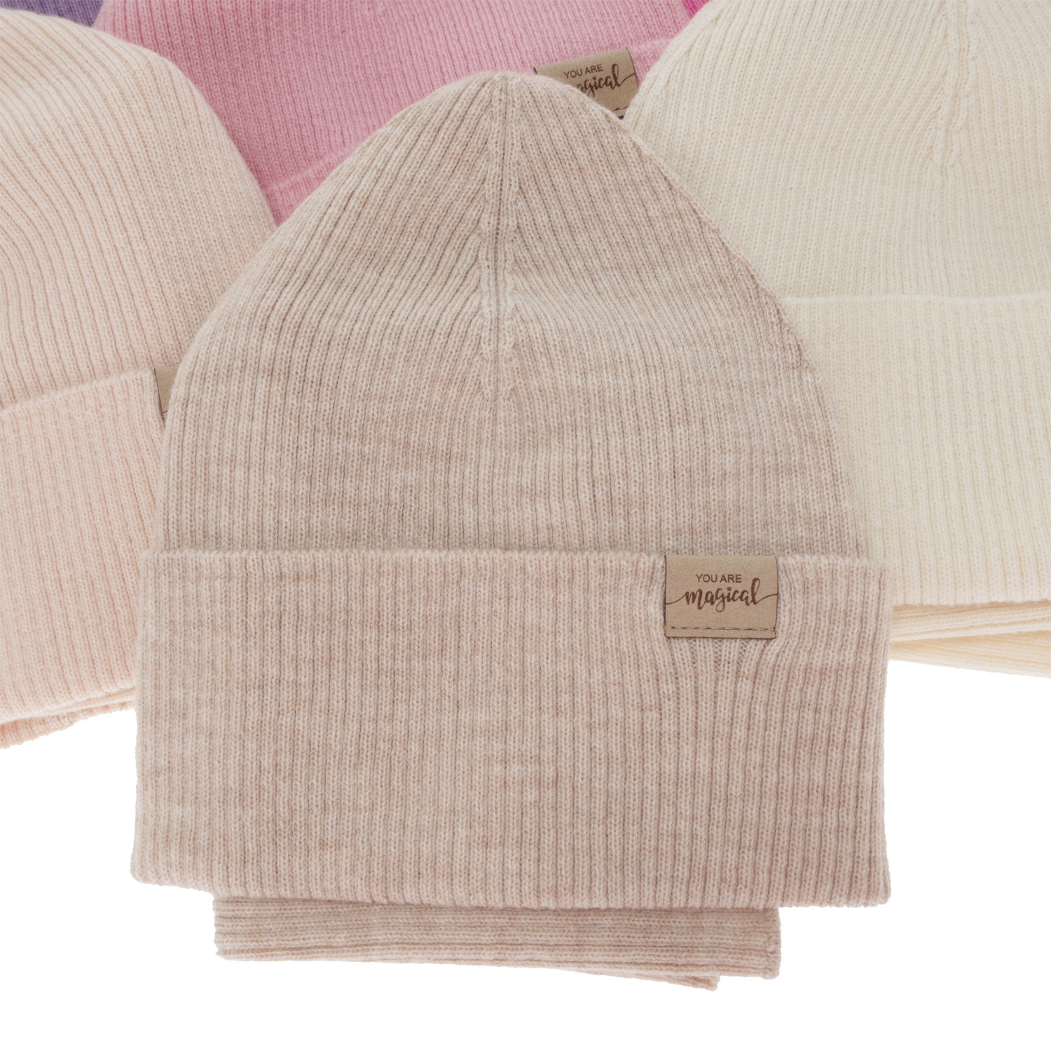 Kislány tavaszi-őszi sapka és nyakmelegítő szett, krémszínű, 100% merinó gyapjú, Magenta