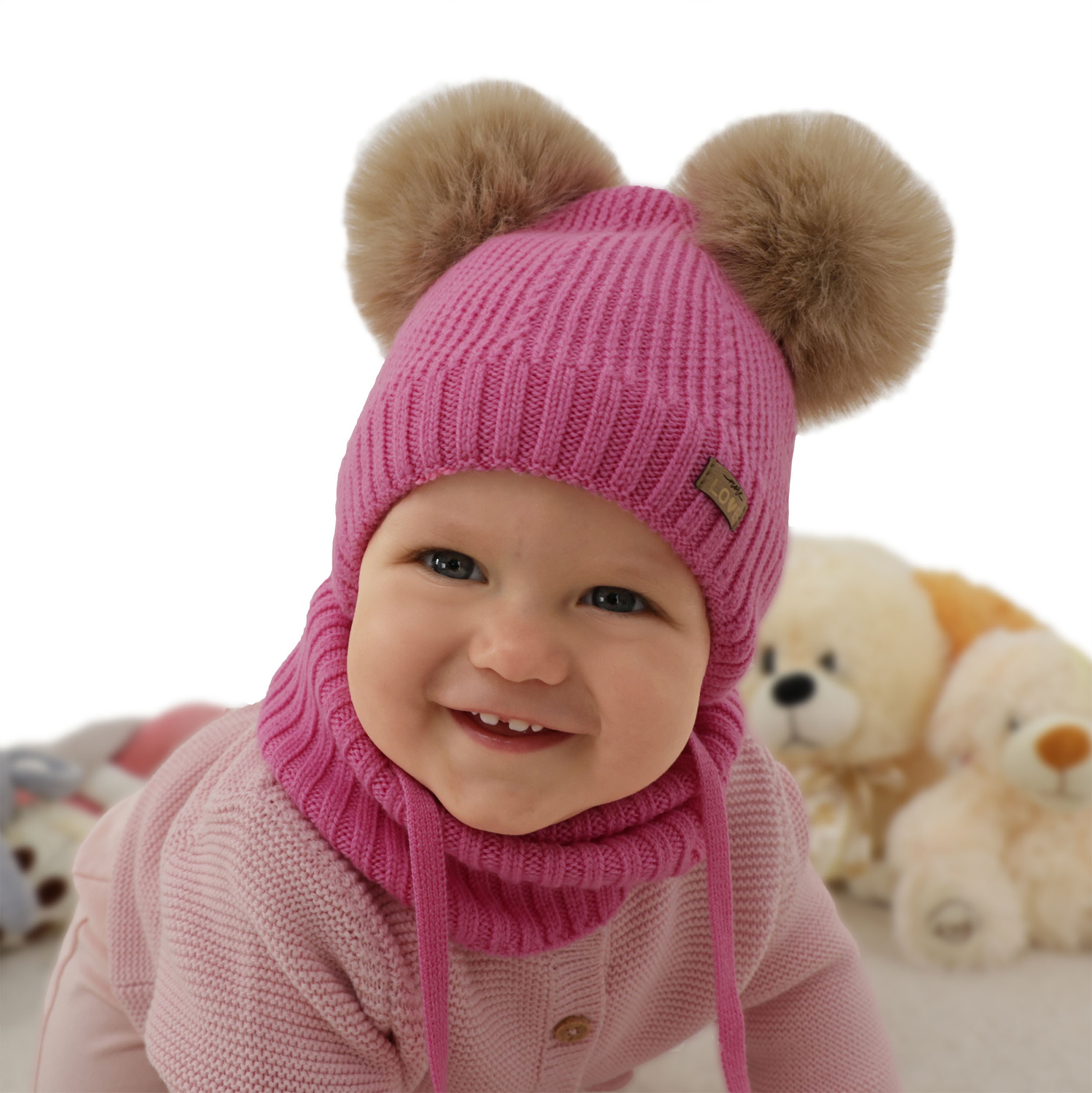 Kislány sapka és sál, téli szett, rózsaszín, 100% merinó gyapjú, gyapjú polárral bélelt, Lumia