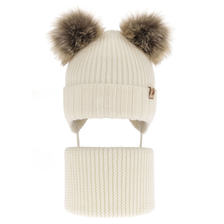 Lányok téli szettje: sapka és sál krémszínű 100% extrafinom merinói gyapjúból Silvia