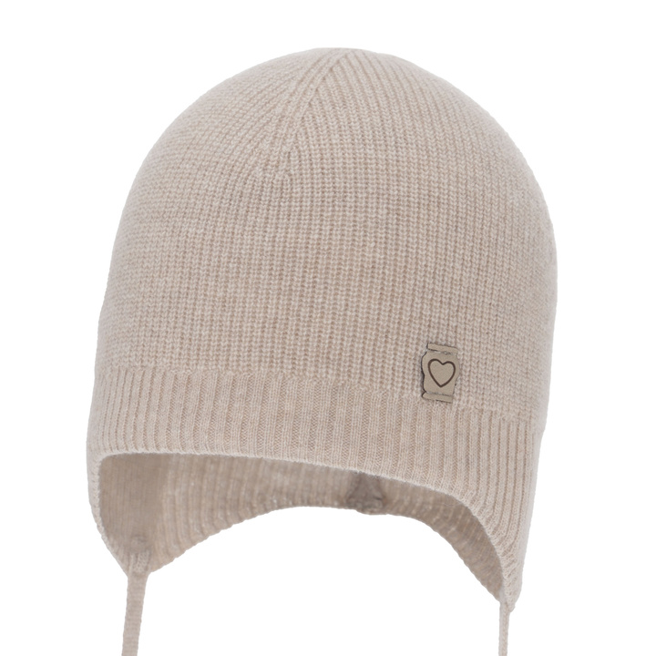 Kislány őszi-tavasz sapka, bézs, merinó gyapjú kasmírral, megkötős, Orida