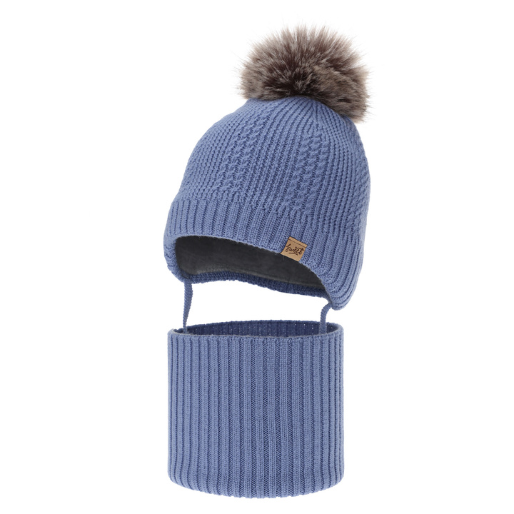 Kisfiú sapka és sál, téli szett, kék, 100% merinó gyapjú, gyapjú polárral bélelt, kötős Danny